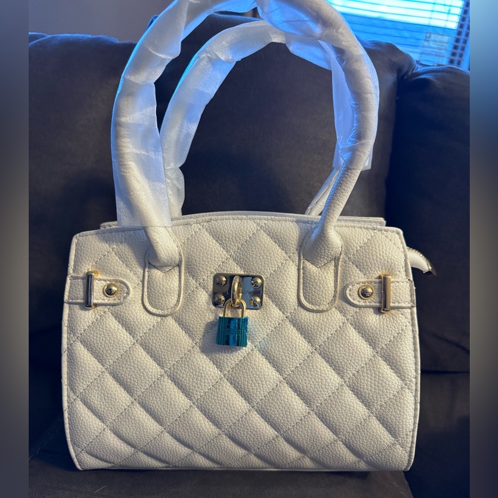 White Quilted Leather Satchel with Silver Hardware